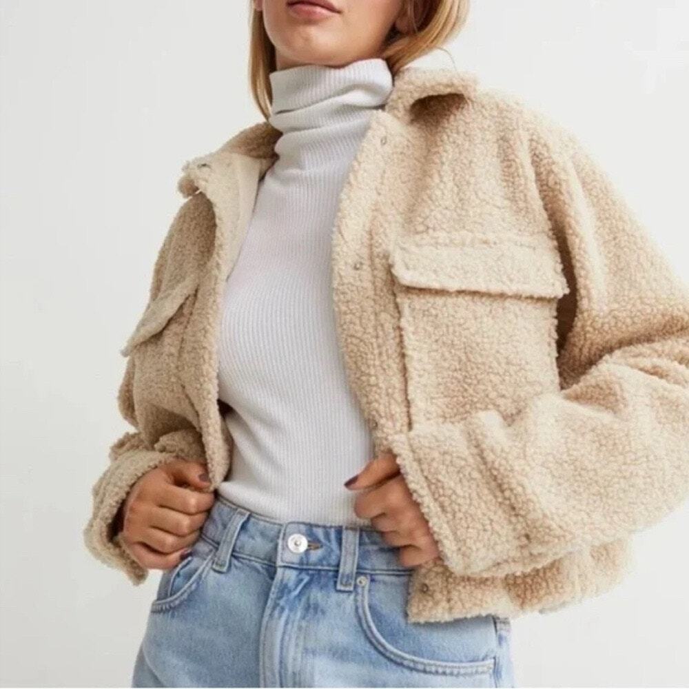 H&M Cropped Teddy Fleece Jacket Size Small